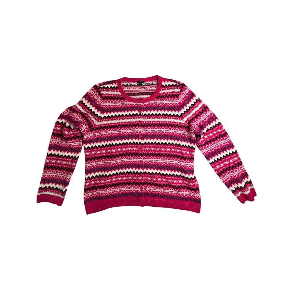 Talbots Cardigan Sweater Women XL Pink Fair Isle Lambswool Blend Button Front‎